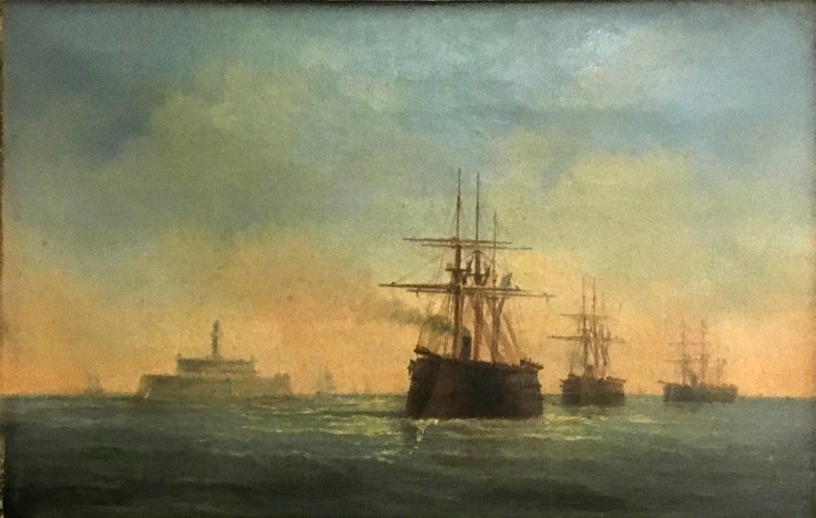 Navios de guerra de propulsão mista e casco reforçado saindo do Tejo de madrugada junto à Torre do Bugio. 1860
